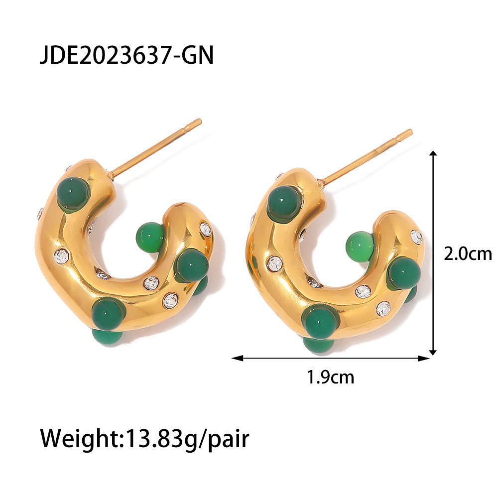 Pendientes en forma de C de piedra de ónix de oro de 18k al por mayor de acero inoxidable